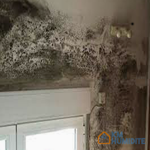 Mur intérieur sous une fenêtre présentant des traces d’humidité et une peinture dégradée