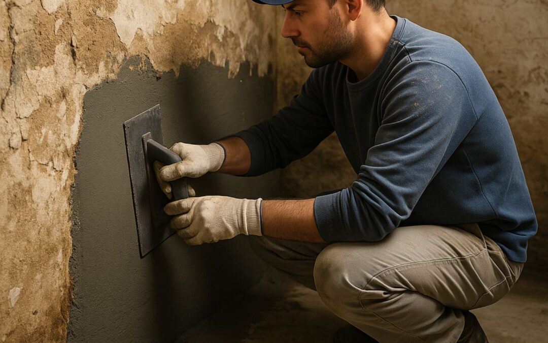 Ouvrier appliquant un enduit d’étanchéité sur un mur de cave humide