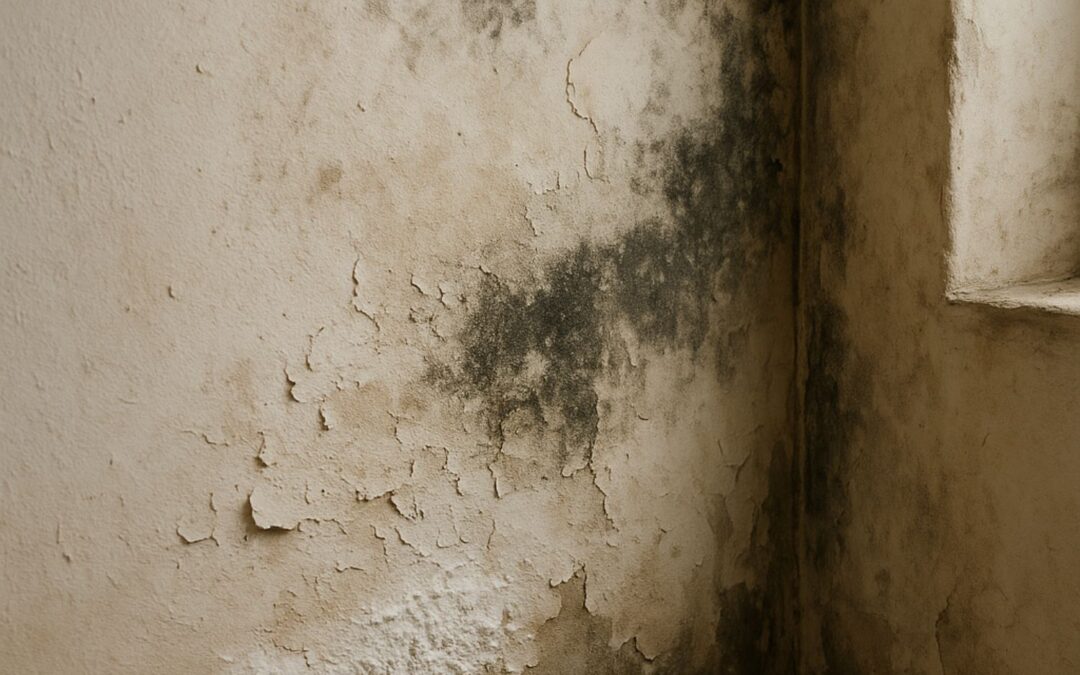 Mur intérieur avec taches d’humidité, moisissures et salpêtre visibles
