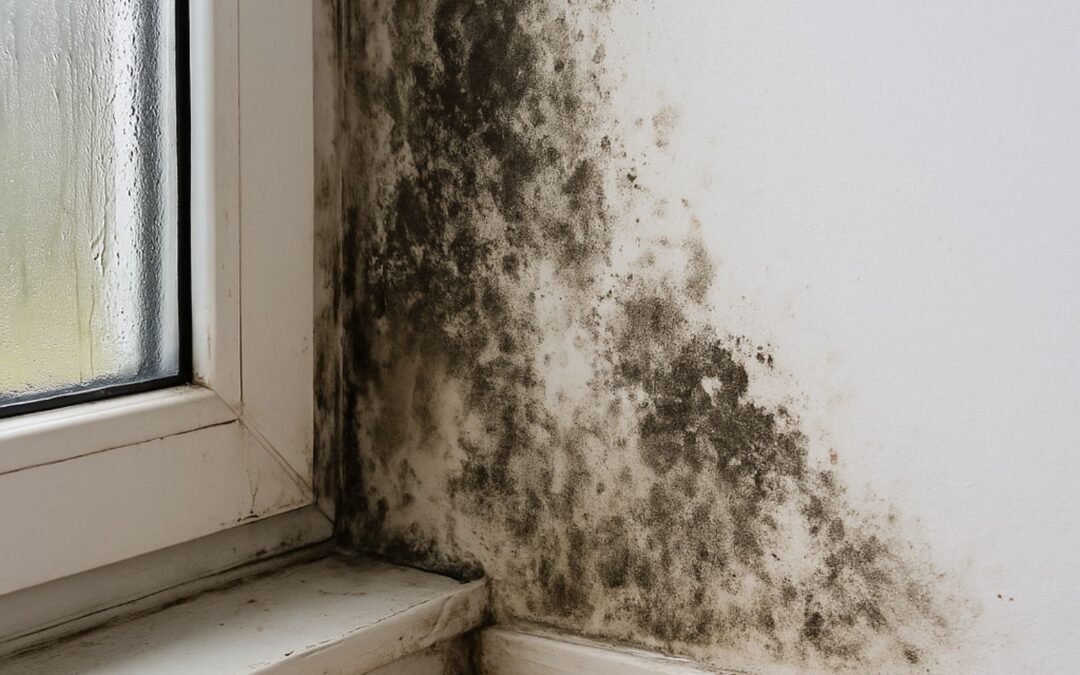 Mur intérieur d’une maison présentant de fortes traces d’humidité et de moisissures, typiques des problèmes d’étanchéité ou de mauvaise ventilation.
