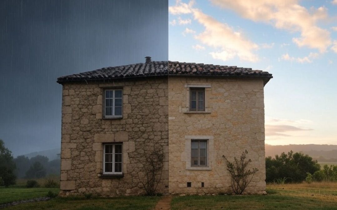 Fenêtre embuée avec traces de condensation et moisissures en bas du mur, typique d’un logement mal ventilé.