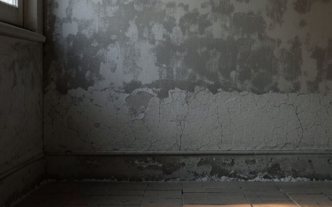 Mur intérieur humide avec peinture cloquée et traces de salpêtre à la base