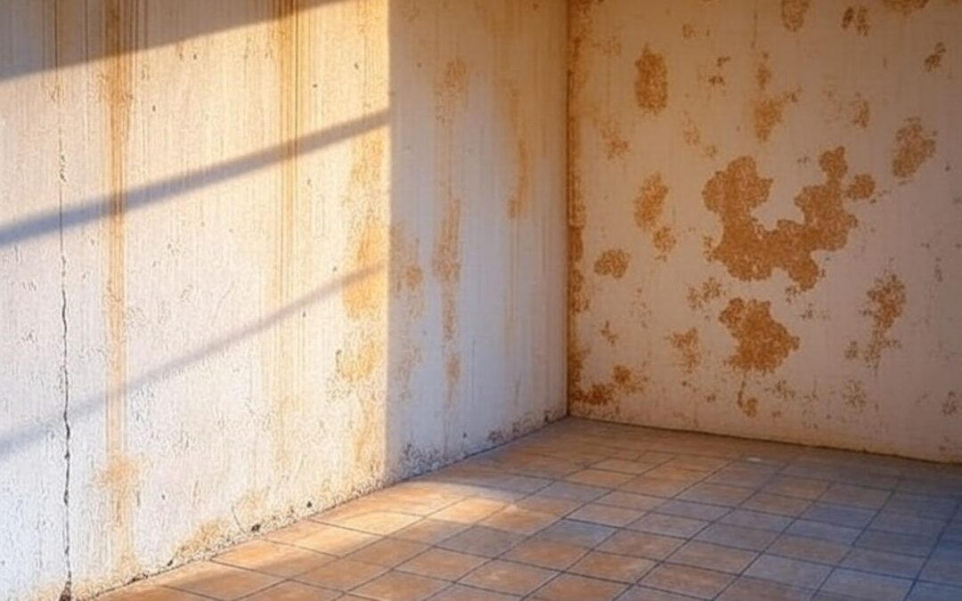 Mur mitoyen avec traces d’humidité et peinture cloquée
