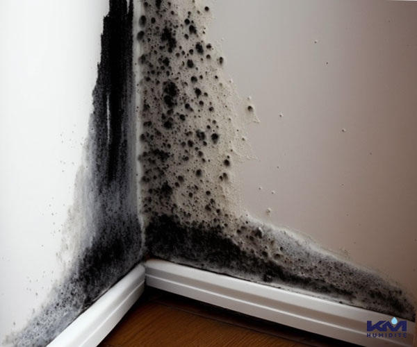 Moisissure noire développée dans un angle de mur, juste au-dessus de la plinthe, signe d'humidité ascendante persistante