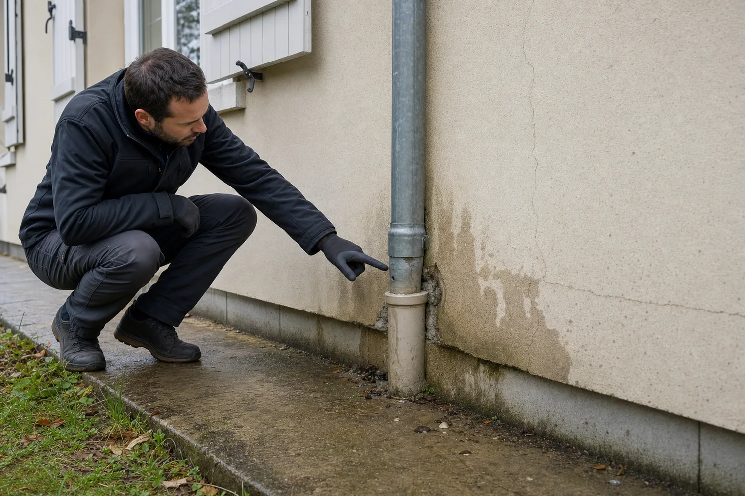 Technicien montrant un raccord de descente d'eau défectueux et des traces humides au bas d'une façade