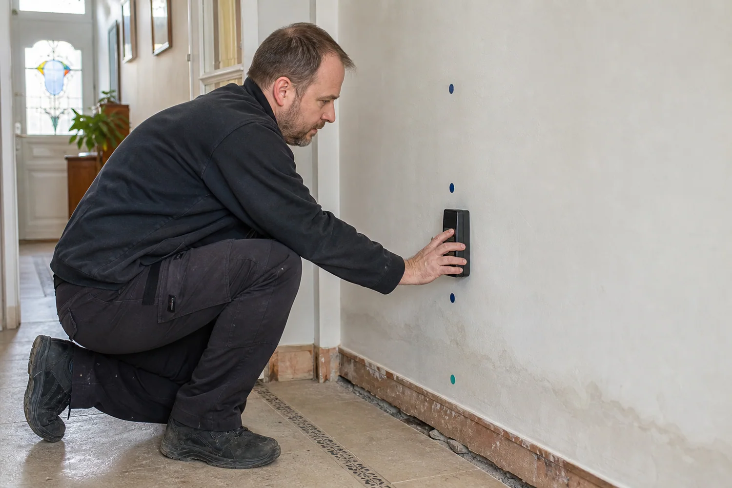 Technicien relevant l'humidité à plusieurs hauteurs sur un mur humide