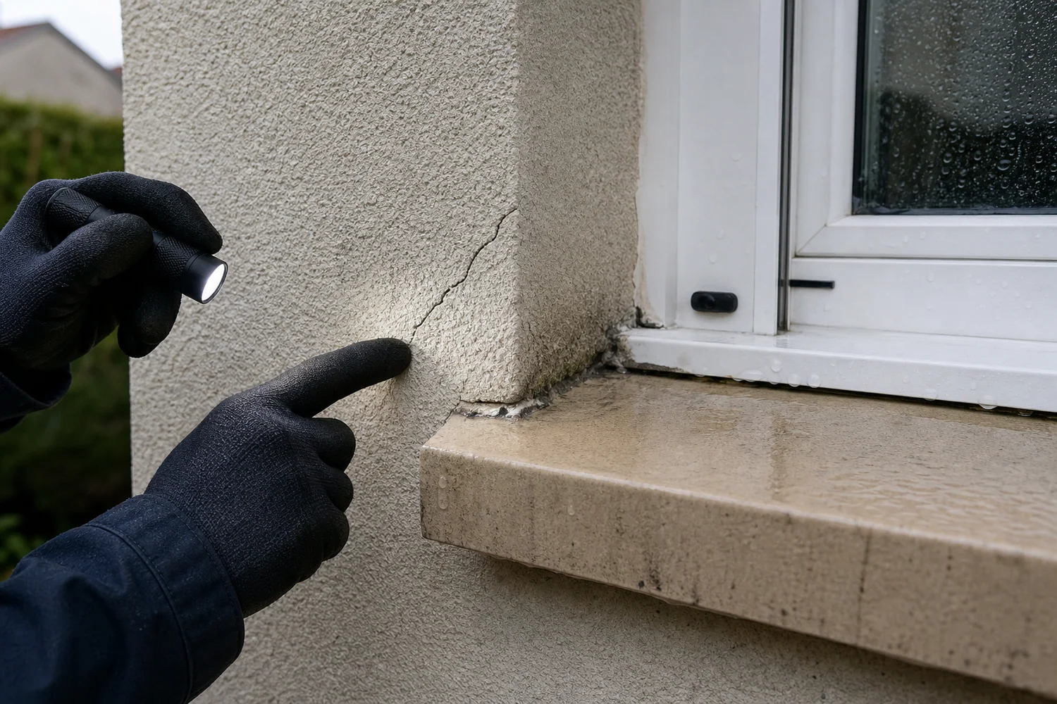 Fissure fine et joint dégradé à l'angle extérieur d'une fenêtre après la pluie
