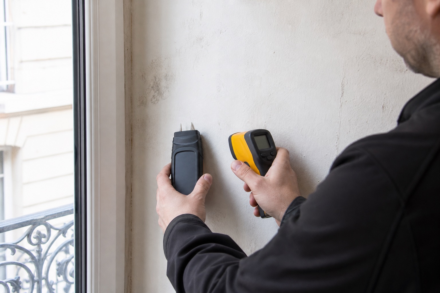 Professionnel mesurant un mur froid près d’une fenêtre dans un appartement