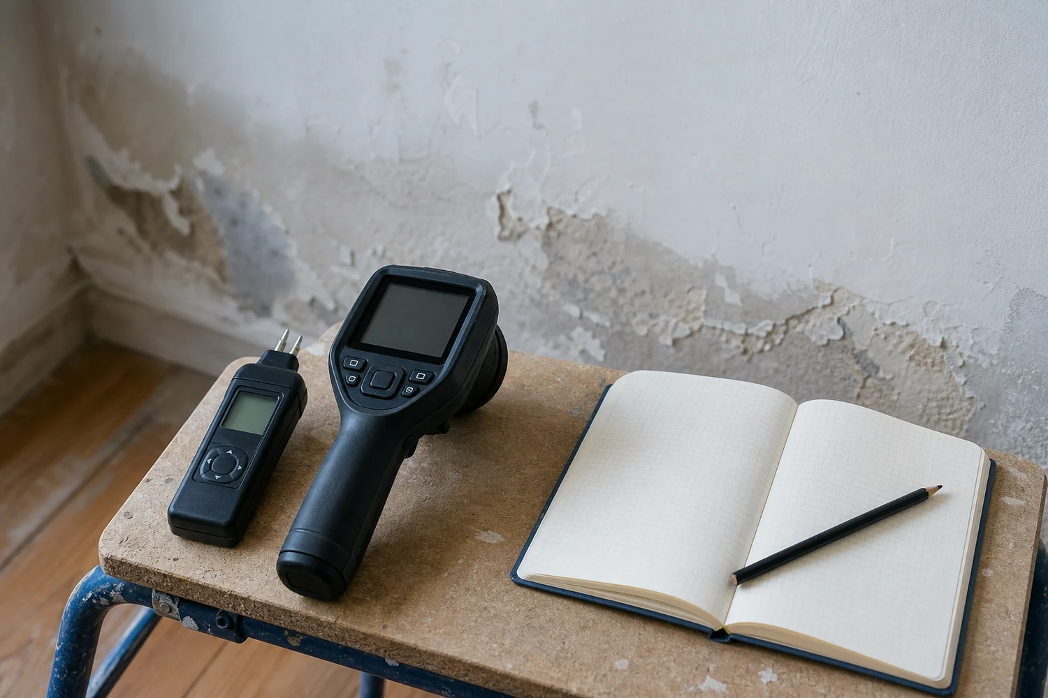 Carnet de relevés, humidimètre et caméra thermique utilisés devant un mur dégradé