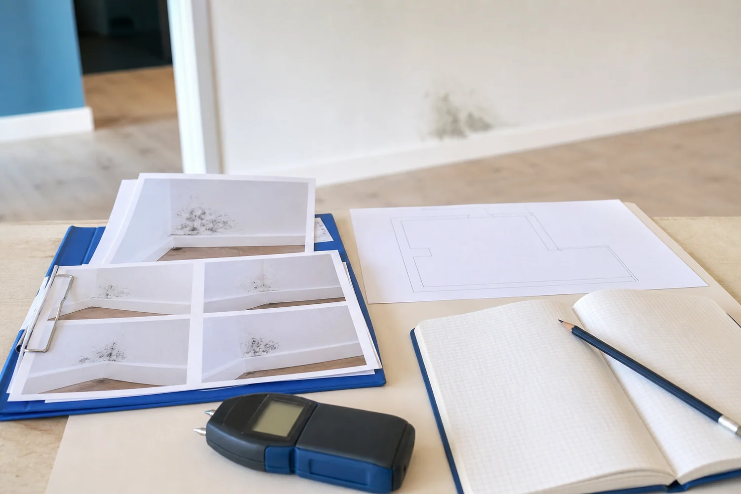 Photographies datées et relevés d’humidité préparés sur une table de chantier
