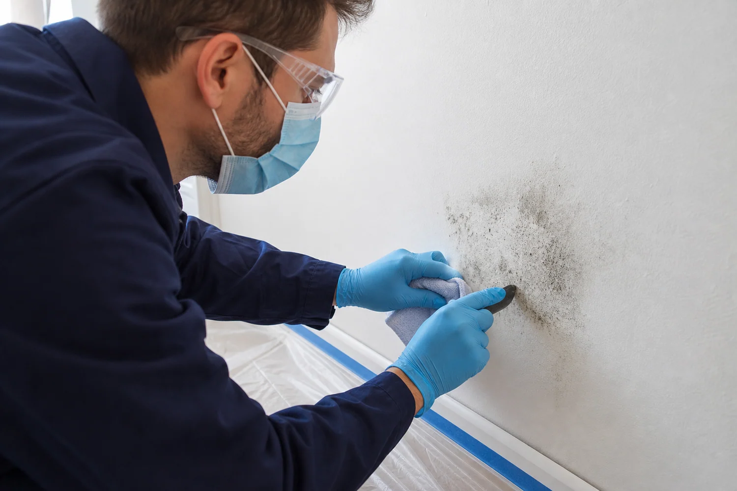 Technicien nettoyant méthodiquement une petite zone de moisissures sur un mur