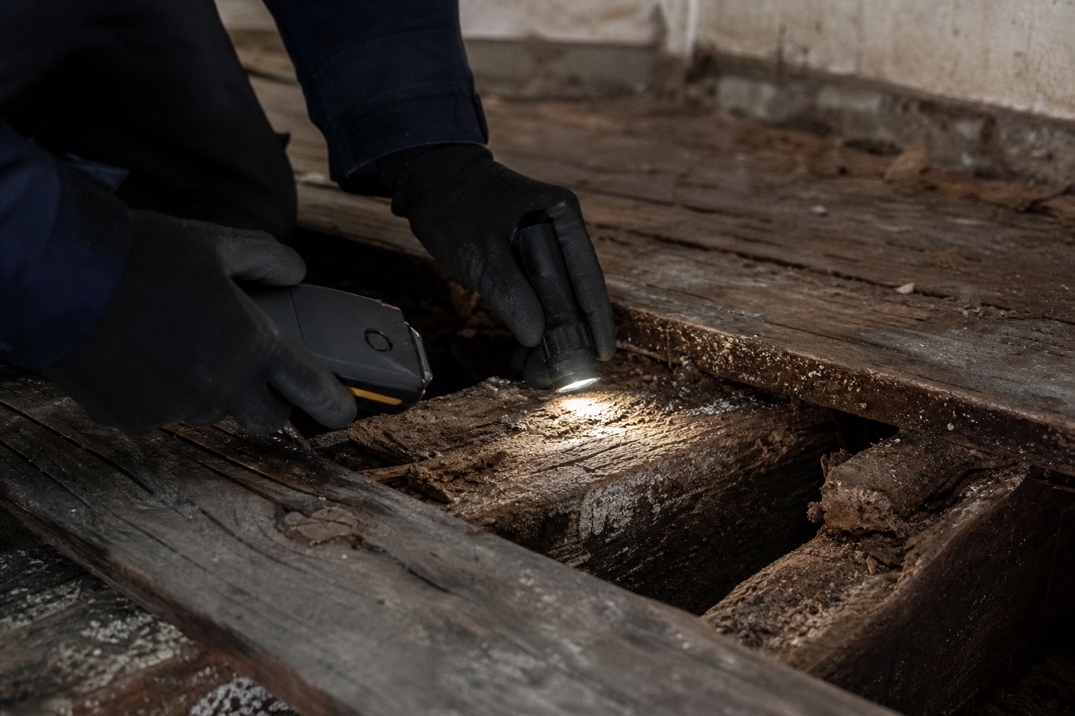 Professionnel examinant un plancher en bois humide avec une lampe et un appareil de mesure