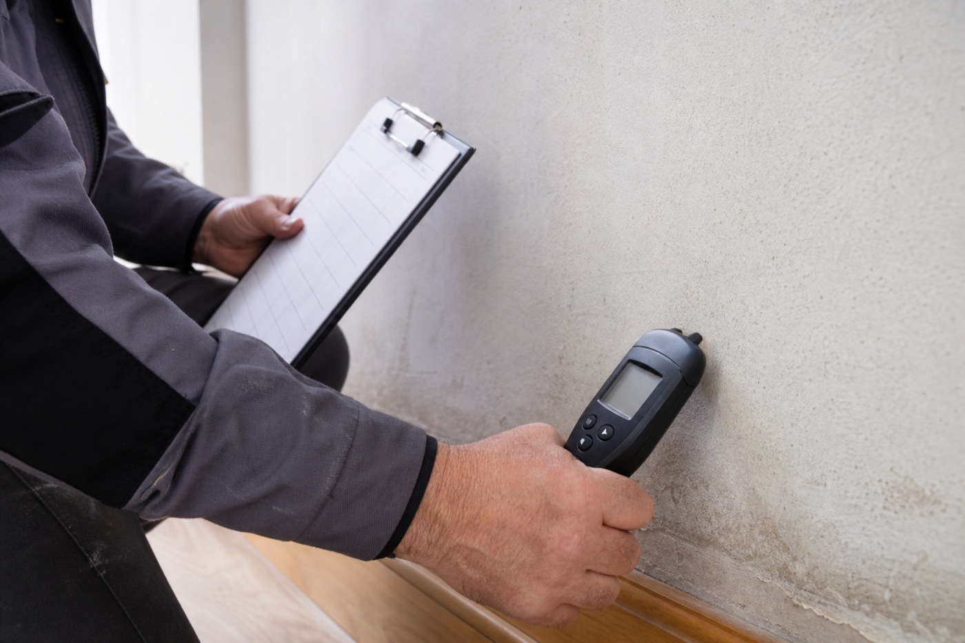 Professionnel relevant plusieurs mesures avec un humidimètre sur un mur humide