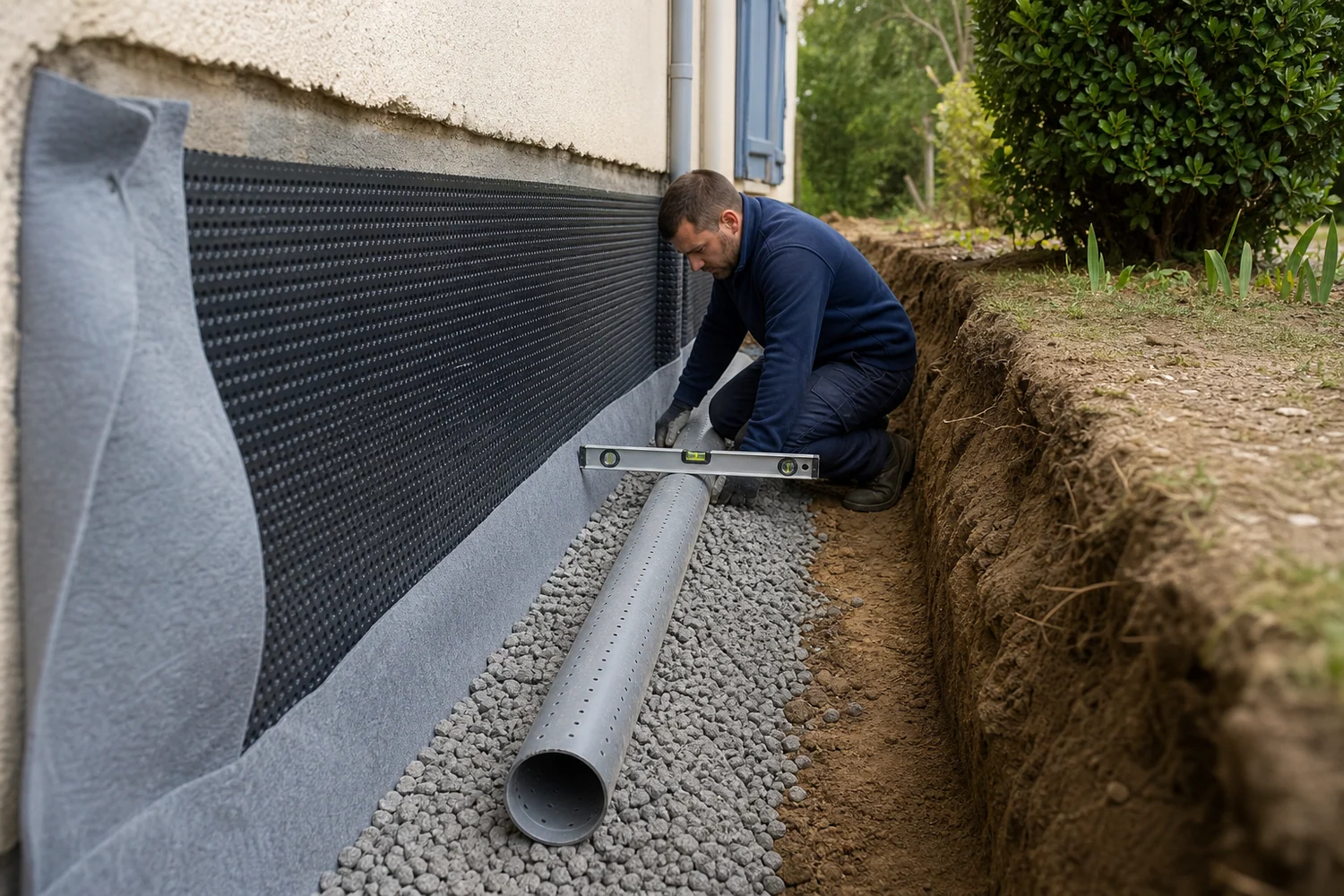 Tranchée drainante avec géotextile et drain le long d’un mur enterré