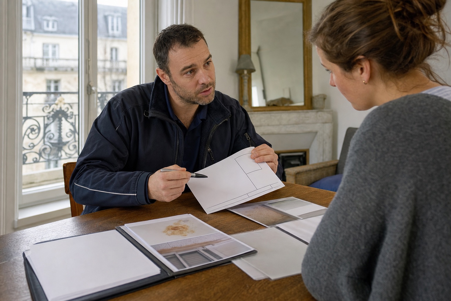 Technicien expliquant un rapport de diagnostic humidité à une occupante
