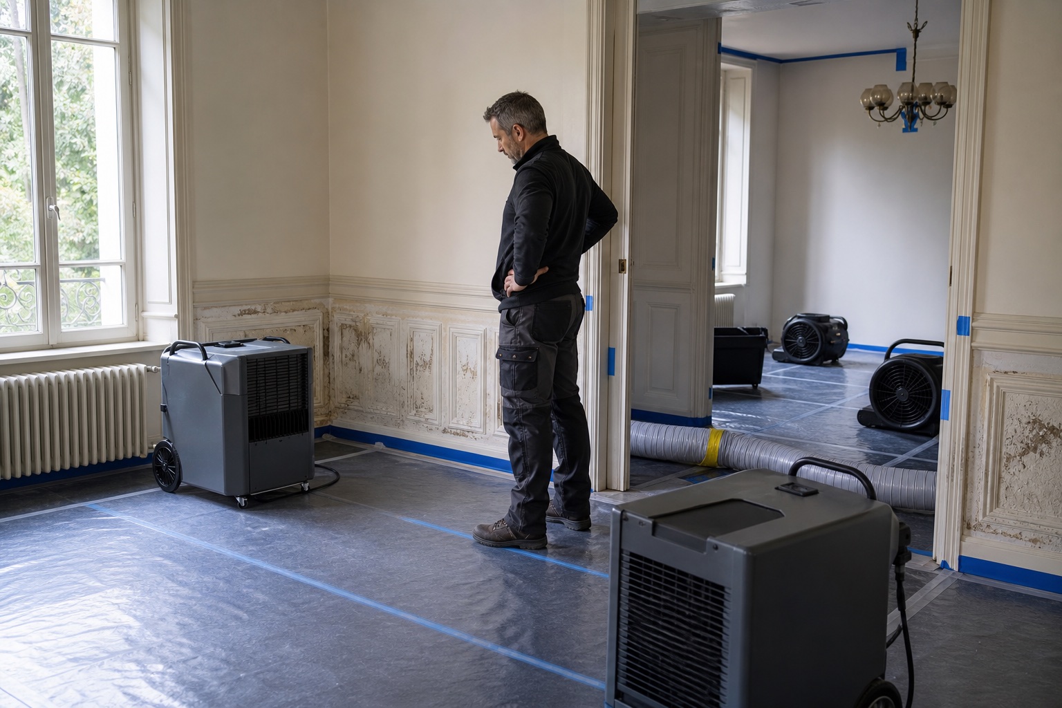 Technicien contrôlant plusieurs appareils de séchage dans une maison