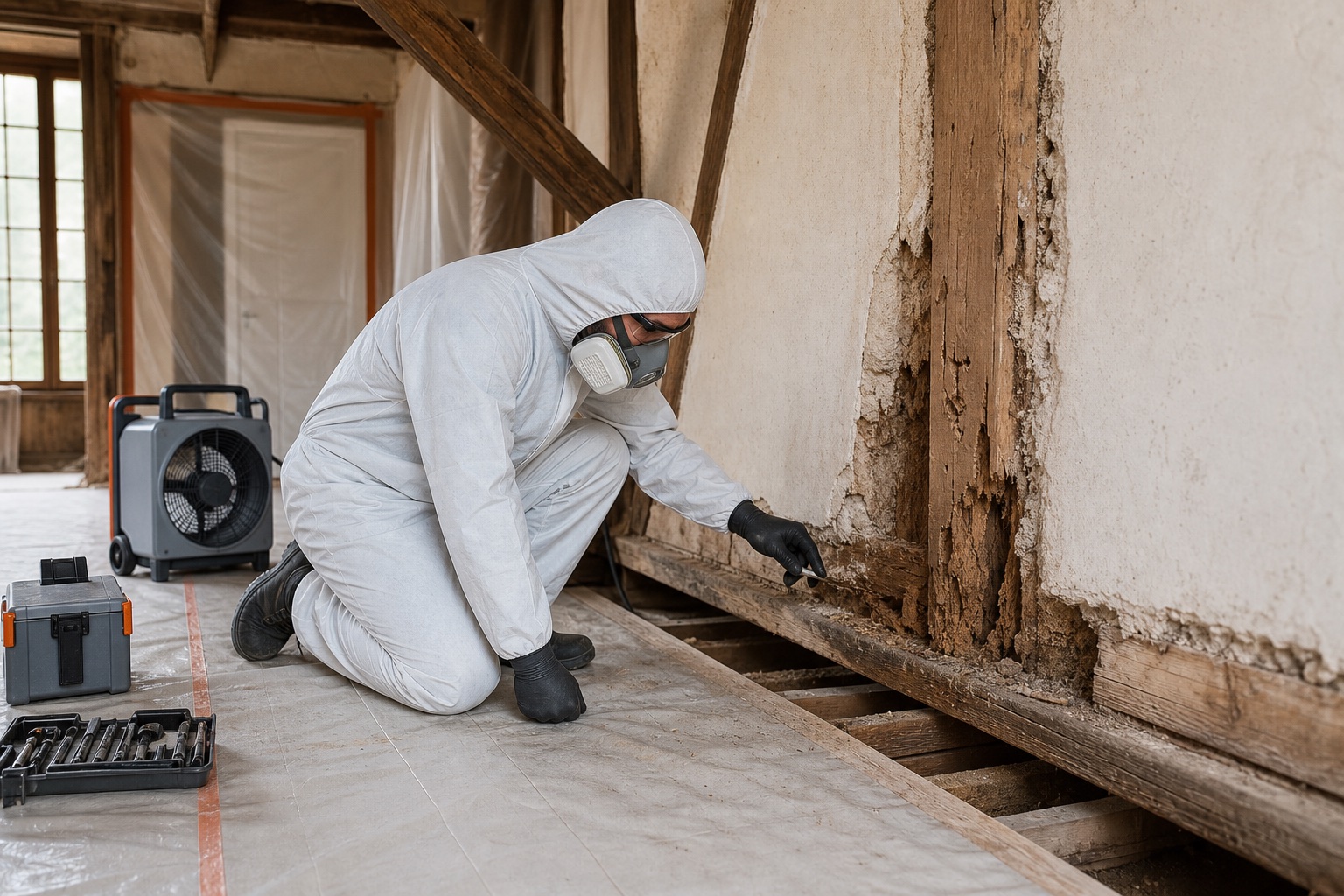 Technicien équipé préparant une zone de bois dégradé dans une pièce en rénovation
