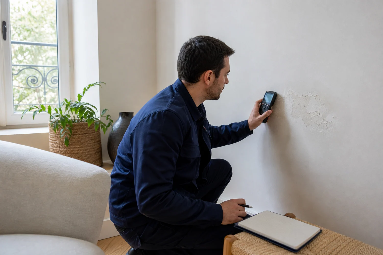 Technicien de KM Humidité inspectant un mur humide avec un appareil de mesure dans une maison
