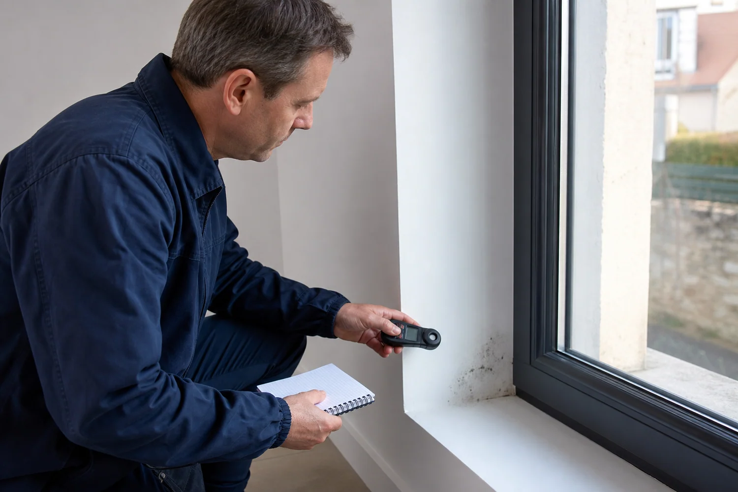 Mur intérieur dégradé par l’humidité, enduit cloqué et dépôt blanc de salpêtre en pied de mur