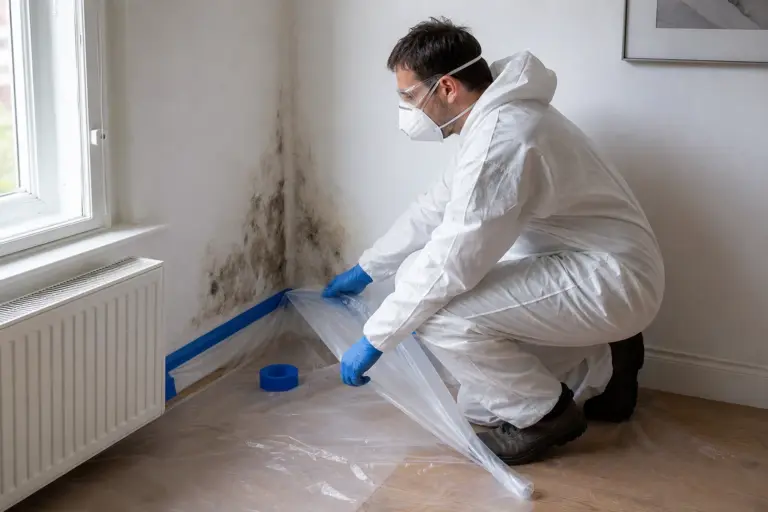 Professionnel protégé préparant le traitement d’un mur moisi dans une pièce
